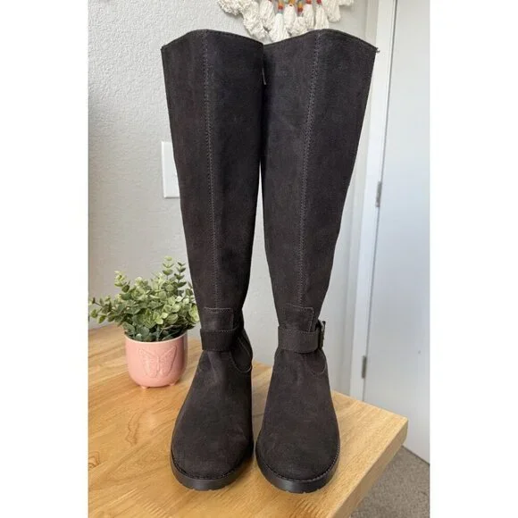 DONALD J PLINER Beso Brushed Suede Knee High Riding Buckle Boots Brown Western - Picture 3 of 10